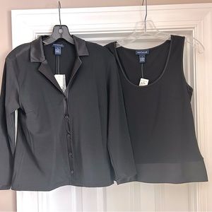 And Taylor black satin tank and jacket set. Jacket is a medium. Top is a small.